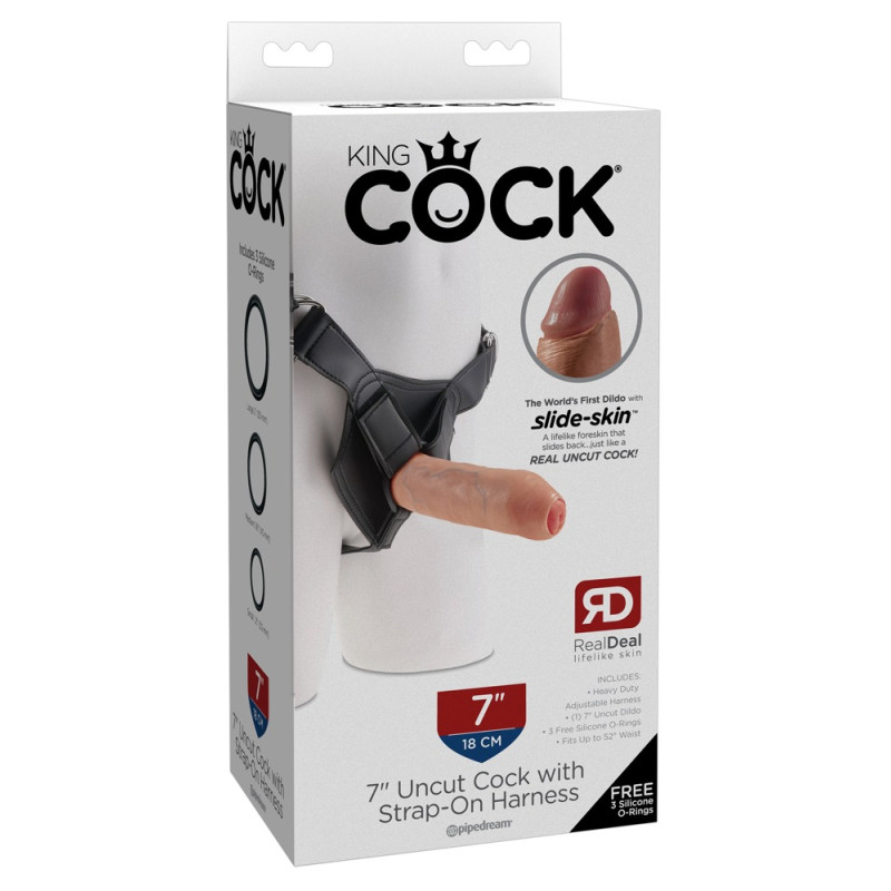 7“ Uncut Cock with Strap-On Harness